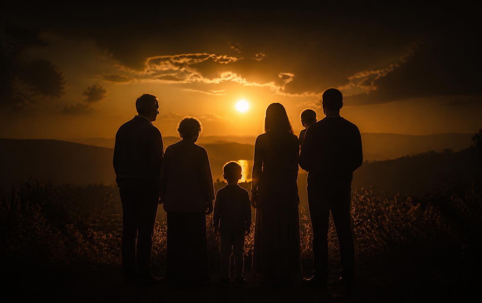 A family standing together at sunset in quiet remembrance